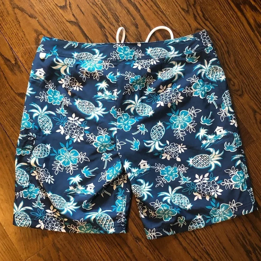 J.Crew Mens Lined Swim Trunks Hawaiian Navy Turquoise Sz 33 NWT